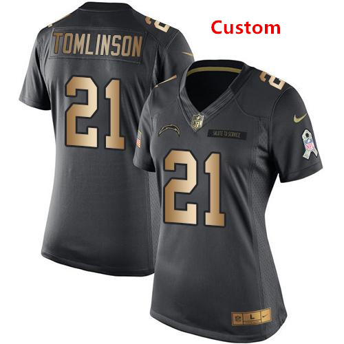 Custom Women's Nike Chargers Black Stitched NFL Limited Gold Salute to Service Jersey