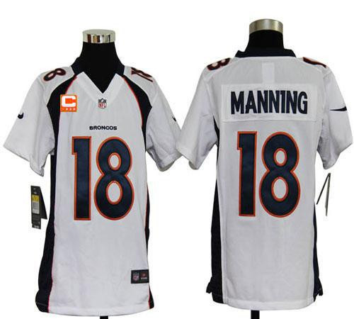 Nike Broncos #18 Peyton Manning White With C Patch Youth Stitched NFL Elite Jersey Nike Broncos #18 Peyton Manning White With C Patch Youth Stitched NFL Elite Jersey