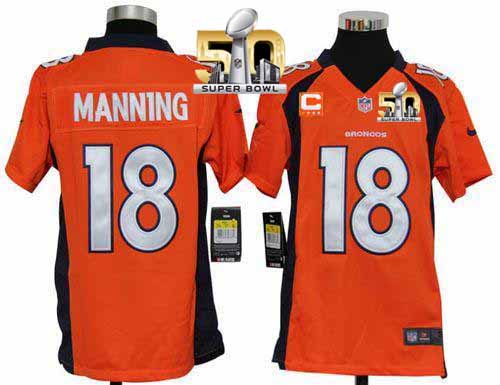 Nike Broncos #18 Peyton Manning Orange Team Color With C Patch Super Bowl 50 Youth Stitched NFL Elite Jersey Nike Broncos #18 Peyton Manning Orange Team Color With C Patch Super Bowl 50 Youth Stitched NFL Elite Jersey