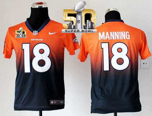 Nike Broncos #18 Peyton Manning OrangeBlue Super Bowl 50 Youth Stitched NFL Elite Fadeaway Fashion Jersey