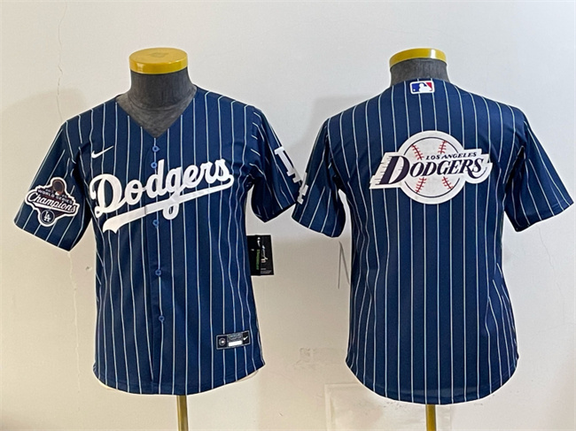 Youth Los Angeles Dodgers Team Big Logo Navy Pinstripe 2025 World Series Champions Patch Cool Base Stitched Baseball Jersey Youth Los Angeles Dodgers Team Big Logo Navy Pinstripe 2025 World Series Champions Patch Cool Base Stitched Baseball Jersey