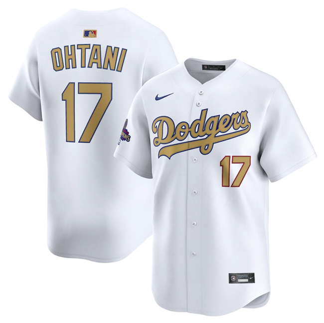 Youth Los Angeles Dodgers #17 Shohei Ohtani White 2025 Gold Collection Limited Stitched Baseball Jersey Youth Los Angeles Dodgers #17 Shohei Ohtani White 2025 Gold Collection Limited Stitched Baseball Jersey