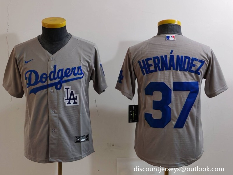 Youth Los Angeles Dodgers #37 Teoscar Hernández Grey Stitched Baseball Jersey 5 Youth Los Angeles Dodgers #37 Teoscar Hernández Grey Stitched Baseball Jersey 5
