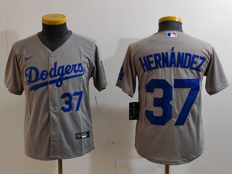 Youth Los Angeles Dodgers #37 Teoscar Hernández Grey Stitched Baseball Jersey 3 Youth Los Angeles Dodgers #37 Teoscar Hernández Grey Stitched Baseball Jersey 3