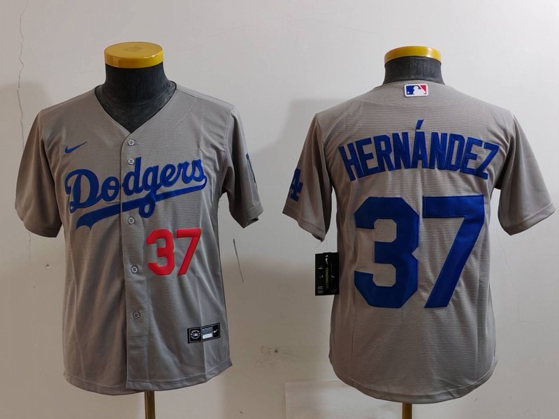 Youth Los Angeles Dodgers #37 Teoscar Hernández Grey Stitched Baseball Jersey 2 Youth Los Angeles Dodgers #37 Teoscar Hernández Grey Stitched Baseball Jersey 2