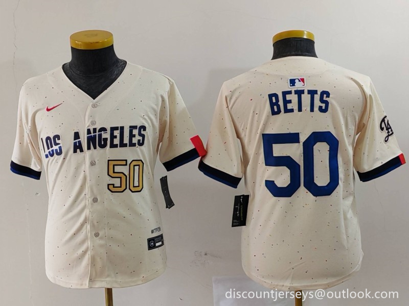 Youth Los Angeles Dodgers #50 Mookie Betts Cream 2024 City Connect Limited Stitched Baseball Jersey 1