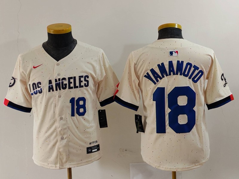 Youth Los Angeles Dodgers #18 Yoshinobu Yamamoto Cream Stitched Baseball Jersey 3 Youth Los Angeles Dodgers #18 Yoshinobu Yamamoto Cream Stitched Baseball Jersey 3