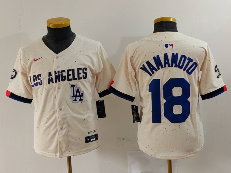 Youth Los Angeles Dodgers #18 Yoshinobu Yamamoto Cream Stitched Baseball Jersey 2 Youth Los Angeles Dodgers #18 Yoshinobu Yamamoto Cream Stitched Baseball Jersey 2