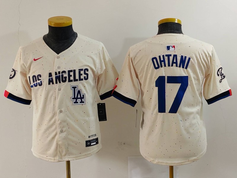 Youth Los Angeles Dodgers #17 Shohei Ohtani Cream Stitched Baseball Jersey 2 Youth Los Angeles Dodgers #17 Shohei Ohtani Cream Stitched Baseball Jersey 2