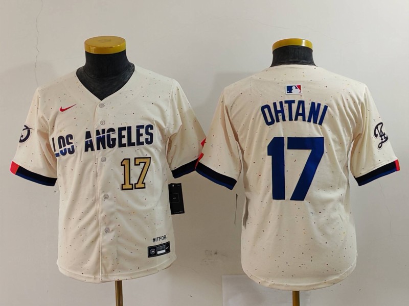 Youth Los Angeles Dodgers #17 Shohei Ohtani Cream Stitched Baseball Jersey 1 Youth Los Angeles Dodgers #17 Shohei Ohtani Cream Stitched Baseball Jersey 1