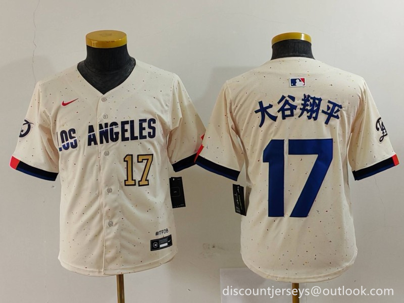 Youth Los Angeles Dodgers #17 大谷翔平 Cream Stitched Baseball Jersey 5