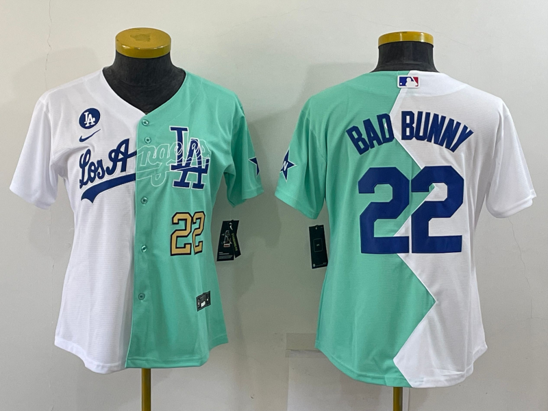 Youth Los Angeles Dodgers #22 Bad Bunny 2022 All-Star White Green Split Stitched Jerseys 2