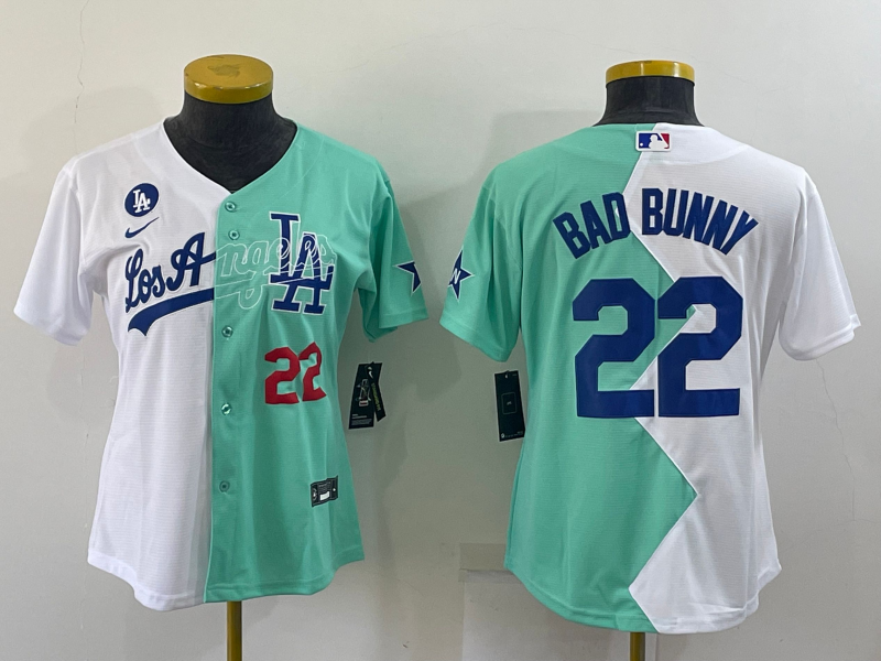 Youth Los Angeles Dodgers #22 Bad Bunny 2022 All-Star White Green Split Stitched Jerseys 1 Youth Los Angeles Dodgers #22 Bad Bunny 2022 All-Star White Green Split Stitched Jerseys 1