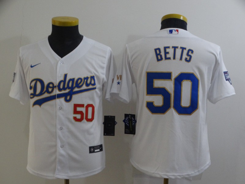 Youth Los Angeles Dodgers #50 Mookie Betts Nike White Gold 2021 Gold Program Player Jersey Youth Los Angeles Dodgers #50 Mookie Betts Nike White Gold 2021 Gold Program Player Jersey