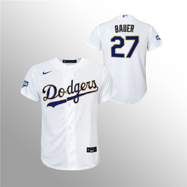 Youth Dodgers #27 Trevor Bauer White 2021 Gold Program Replica Jersey Youth Dodgers #27 Trevor Bauer White 2021 Gold Program Replica Jersey