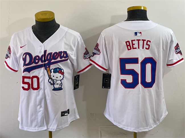 Youth Los Angeles Dodgers #50 Mookie Betts White Hello Kitty Night 2025 World Series Champions Patch Stitched Baseball Jersey Youth Los Angeles Dodgers #50 Mookie Betts White Hello Kitty Night 2025 World Series Champions Patch Stitched Baseball Jersey