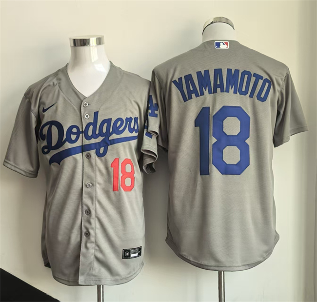 Men's Los Angeles Dodgers #18 Yoshinobu Yamamoto Grey Cool Base Stitched Baseball Jersey Men's Los Angeles Dodgers #18 Yoshinobu Yamamoto Grey Cool Base Stitched Baseball Jersey