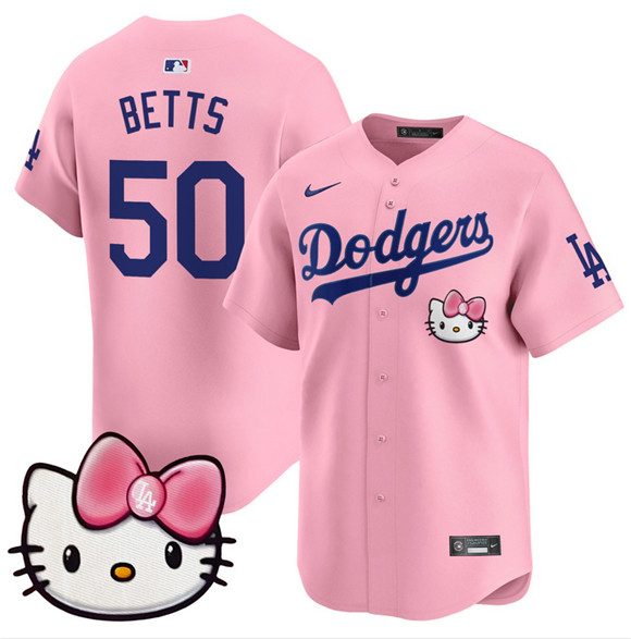 Men's Los Angeles Dodgers #50 Mookie Betts Pink 2025 Hello Kitty Vapor Limited Stitched Baseball Jersey Men's Los Angeles Dodgers #50 Mookie Betts Pink 2025 Hello Kitty Vapor Limited Stitched Baseball Jersey