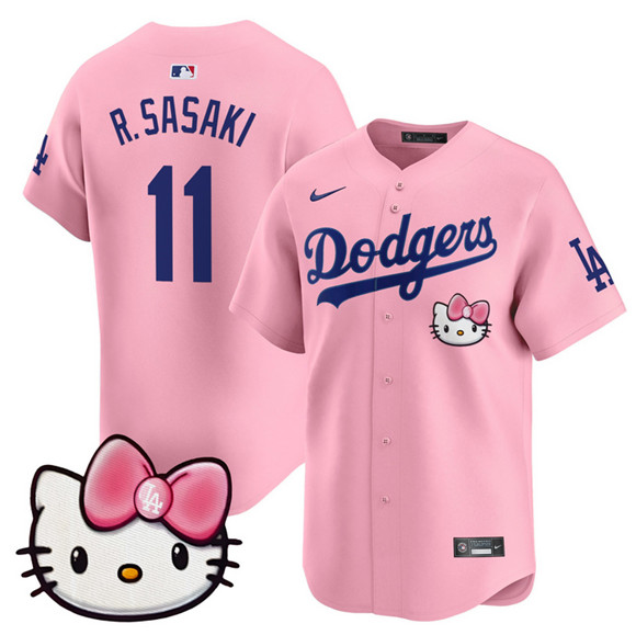 Men's Los Angeles Dodgers #11 Roki Sasaki Pink 2025 Hello Kitty Vapor Limited Stitched Baseball Jersey Men's Los Angeles Dodgers #11 Roki Sasaki Pink 2025 Hello Kitty Vapor Limited Stitched Baseball Jersey