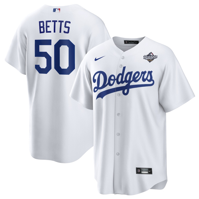 Men's Los Angeles Dodgers #50 Mookie Betts White 2025 World Series Home Cool Base Stitched Baseball Jersey Men's Los Angeles Dodgers #50 Mookie Betts White 2025 World Series Home Cool Base Stitched Baseball Jersey