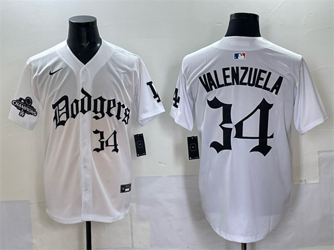 Men's Los Angeles Dodgers #34 Fernando Valenzuela White 2025 LA Gothic Style With 2024 World Series Champions Patch Vapor Premier Limited Stitched Baseball Jersey Men's Los Angeles Dodgers #34 Fernando Valenzuela White 2025 LA Gothic Style With 2024 World Series Champions Patch Vapor Premier Limited Stitched Baseball Jersey