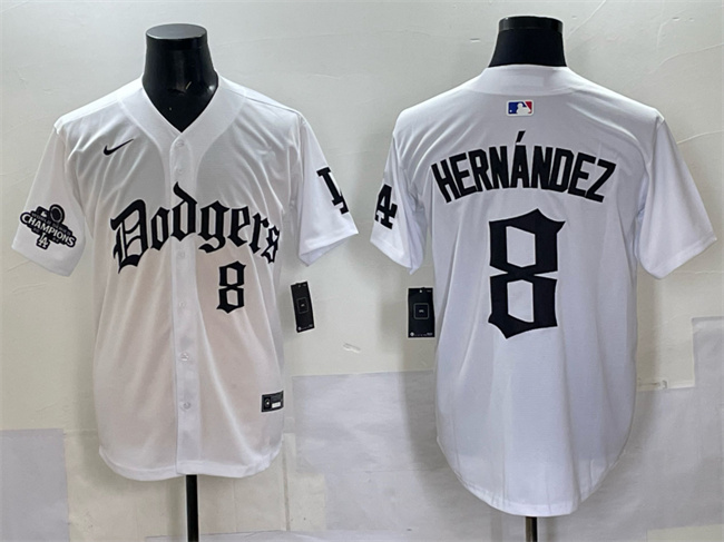 Men's Los Angeles Dodgers #8 Enrique Hernández White 2025 LA Gothic Style With 2024 World Series Champions Patch Vapor Premier Limited Stitched Baseball Jersey Men's Los Angeles Dodgers #8 Enrique Hernández White 2025 LA Gothic Style With 2024 World Series Champions Patch Vapor Premier Limited Stitched Baseball Jersey