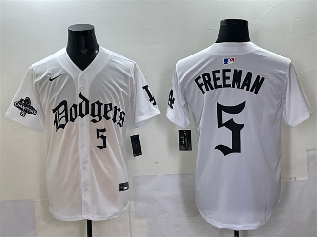 Men's Los Angeles Dodgers #5 Freddie Freeman White 2025 LA Gothic Style With 2024 World Series Champions Patch Vapor Premier Limited Stitched Baseball Jersey Men's Los Angeles Dodgers #5 Freddie Freeman White 2025 LA Gothic Style With 2024 World Series Champions Patch Vapor Premier Limited Stitched Baseball Jersey