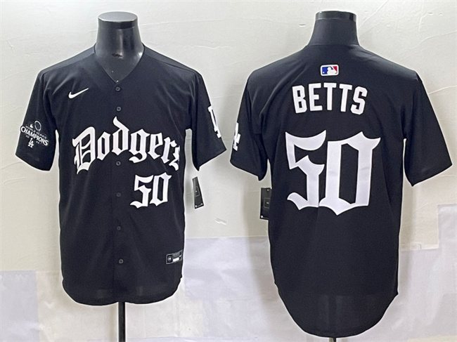 Men's Los Angeles Dodgers #50 Mookie Betts Black 2025 LA Gothic Style With 2024 World Series Champions Patch Vapor Premier Limited Stitched Baseball Jersey Men's Los Angeles Dodgers #50 Mookie Betts Black 2025 LA Gothic Style With 2024 World Series Champions Patch Vapor Premier Limited Stitched Baseball Jersey