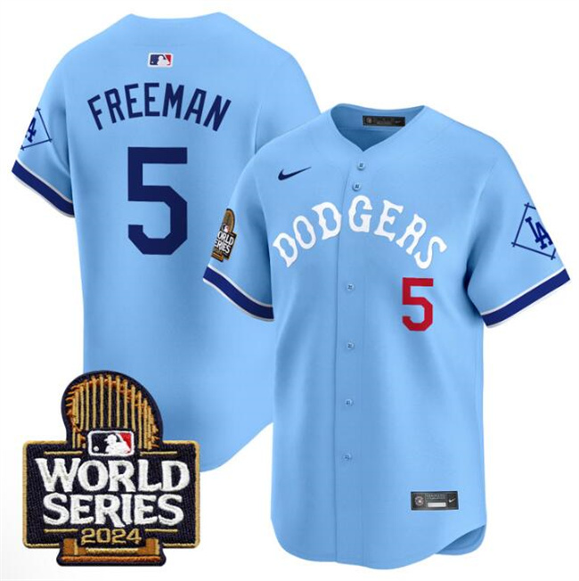 Men's Los Angeles Dodgers #5 Freddie Freeman Blue With 2024 World Series Patch Vapor Premier Limited Stitched Baseball Jersey Men's Los Angeles Dodgers #5 Freddie Freeman Blue With 2024 World Series Patch Vapor Premier Limited Stitched Baseball Jersey