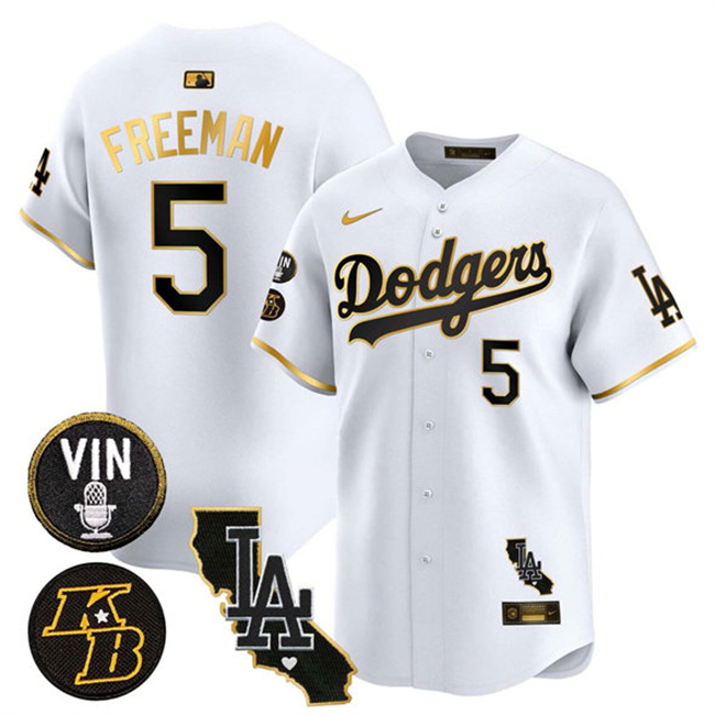 Men's Los Angeles Dodgers #5 Freddie Freeman White Gold 2025 Vin & Kobe Patch V2 Vapor Limited Stitched Baseball Jersey Men's Los Angeles Dodgers #5 Freddie Freeman White Gold 2025 Vin & Kobe Patch V2 Vapor Limited Stitched Baseball Jersey