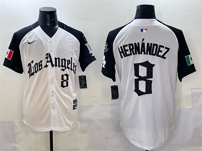 Men's Los Angeles Dodgers #8 Enrique Hernández White Black Mexico 2025 LA Gothic Style With Fernando Patch Vapor Premier Limited Stitched Baseball Jersey Men's Los Angeles Dodgers #8 Enrique Hernández White Black Mexico 2025 LA Gothic Style With Fernando Patch Vapor Premier Limited Stitched Baseball Jersey