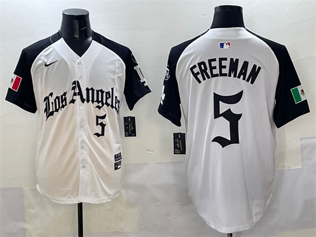 Men's Los Angeles Dodgers #5 Freddie Freeman White Black Mexico 2025 LA Gothic Style With Fernando Patch Vapor Premier Limited Stitched Baseball Jersey Men's Los Angeles Dodgers #5 Freddie Freeman White Black Mexico 2025 LA Gothic Style With Fernando Patch Vapor Premier Limited Stitched Baseball Jersey