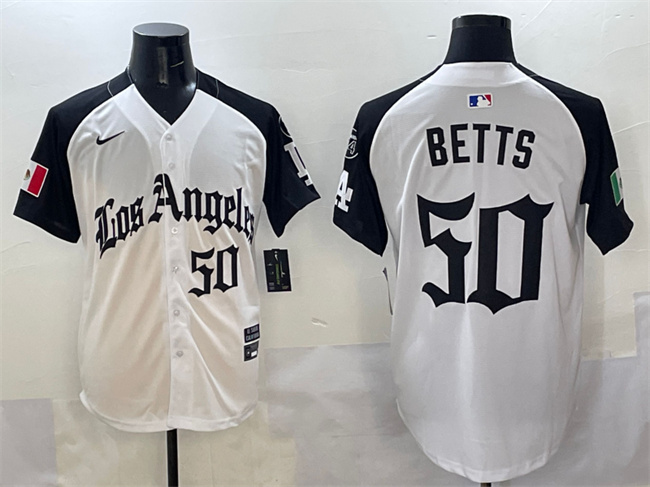 Men's Los Angeles Dodgers #50 Mookie Betts White Black Mexico 2025 LA Gothic Style With Fernando Patch Vapor Premier Limited Stitched Baseball Jersey Men's Los Angeles Dodgers #50 Mookie Betts White Black Mexico 2025 LA Gothic Style With Fernando Patch Vapor Premier Limited Stitched Baseball Jersey