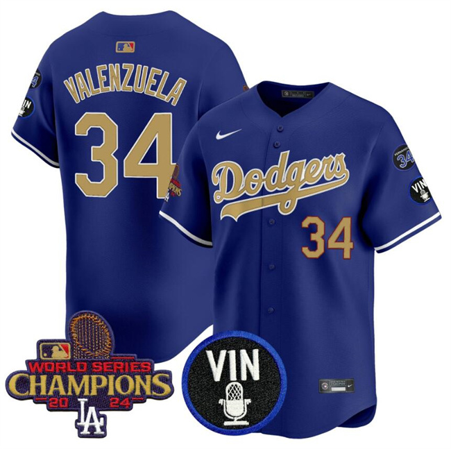 Men's Los Angeles Dodgers #34 Fernando Valenzuela Royal Gold 2024 World Series Champions With Vin Scully & #34 Fernando Patch Vapor Limited Stitched Baseball Jersey Men's Los Angeles Dodgers #34 Fernando Valenzuela Royal Gold 2024 World Series Champions With Vin Scully & #34 Fernando Patch Vapor Limited Stitched Baseball Jersey