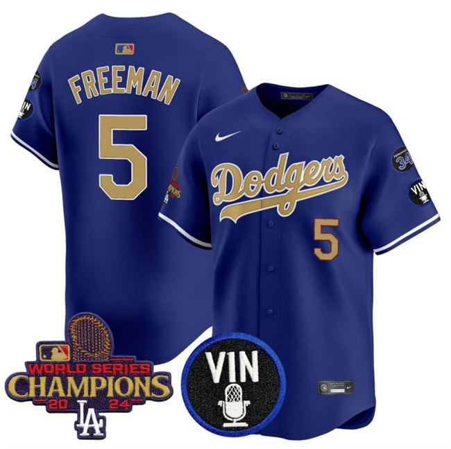 Men's Los Angeles Dodgers #5 Freddie Freeman Royal Gold 2024 World Series Champions With Vin Scully & #34 Fernando Patch Vapor Limited Stitched Baseball Jersey Men's Los Angeles Dodgers #5 Freddie Freeman Royal Gold 2024 World Series Champions With Vin Scully & #34 Fernando Patch Vapor Limited Stitched Baseball Jersey