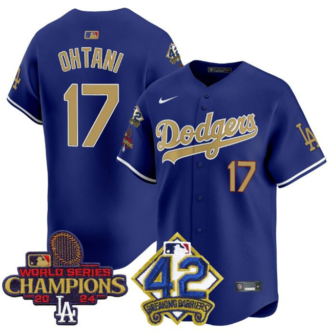 Men's Los Angeles Dodgers #17 Shohei Ohtani Royal Gold 2024 World Series Champions & #42 Jackie Robinson Patch Vapor Limited Stitched Baseball Jersey Men's Los Angeles Dodgers #17 Shohei Ohtani Royal Gold 2024 World Series Champions & #42 Jackie Robinson Patch Vapor Limited Stitched Baseball Jersey