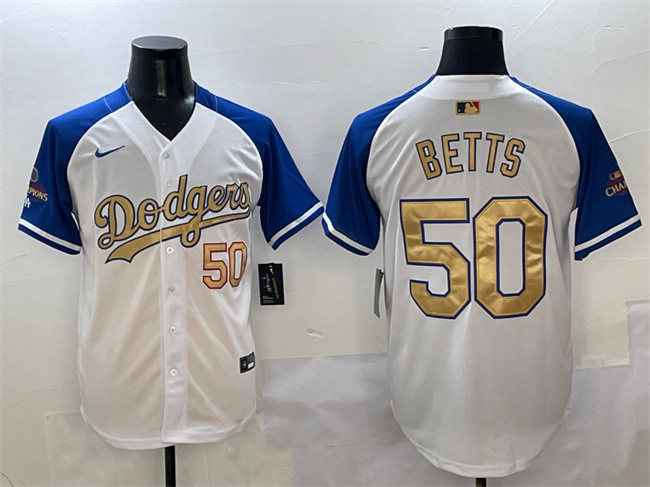 Men's Los Angeles Dodgers #50 Mookie Betts White Royal Gold 2024 World Series Champions Vapor Limited Stitched Baseball Jersey Men's Los Angeles Dodgers #50 Mookie Betts White Royal Gold 2024 World Series Champions Vapor Limited Stitched Baseball Jersey