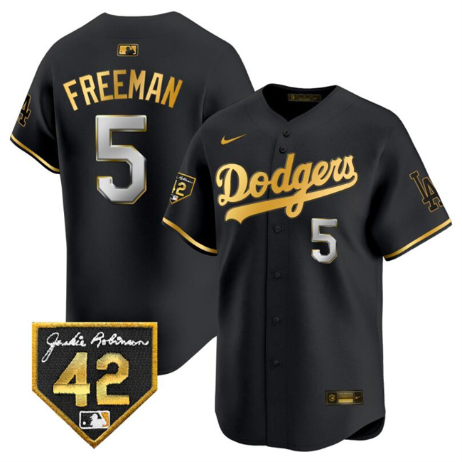 Men's Los Angeles Dodgers #5 Freddie Freeman Black Gold With Jackie Robinson Patch Limited Stitched Baseball Jersey Men's Los Angeles Dodgers #5 Freddie Freeman Black Gold With Jackie Robinson Patch Limited Stitched Baseball Jersey