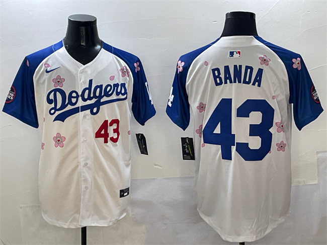 Men's Los Angeles Dodgers #43 Anthony Banda White Royal 2025 Tokyo Series Limited Stitched Baseball Jersey Men's Los Angeles Dodgers #43 Anthony Banda White Royal 2025 Tokyo Series Limited Stitched Baseball Jersey