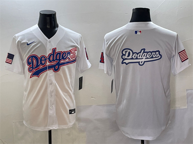 Men's Los Angeles Dodgers Team Big Logo White With American Flag Patch Limited Stitched Baseball Jersey 2 Men's Los Angeles Dodgers Team Big Logo White With American Flag Patch Limited Stitched Baseball Jersey 2