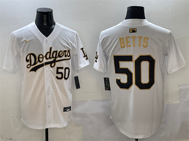 Men's Los Angeles Dodgers #50 Mookie Betts White Gold Limited Stitched Baseball Jersey Men's Los Angeles Dodgers #50 Mookie Betts White Gold Limited Stitched Baseball Jersey
