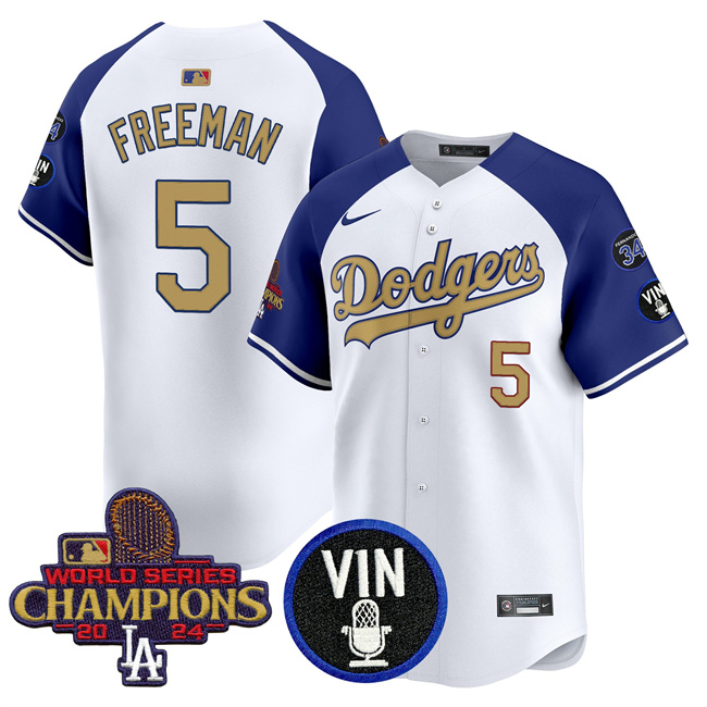 Men's Los Angeles Dodgers #5 Freddie Freeman White Royal Gold 2024 World Series Champions With Vin Scully & #34 Fernando Patch Vapor Limited Stitched Baseball Jersey Men's Los Angeles Dodgers #5 Freddie Freeman White Royal Gold 2024 World Series Champions With Vin Scully & #34 Fernando Patch Vapor Limited Stitched Baseball Jersey