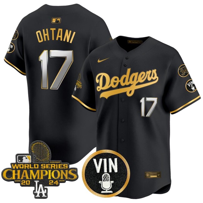 Men's Los Angeles Dodgers #17 Shohei Ohtani Black Gold 2024 World Series Champions With Vin Scully & Fernando Patch Vapor Limited Stitched Baseball Jersey Men's Los Angeles Dodgers #17 Shohei Ohtani Black Gold 2024 World Series Champions With Vin Scully & Fernando Patch Vapor Limited Stitched Baseball Jersey