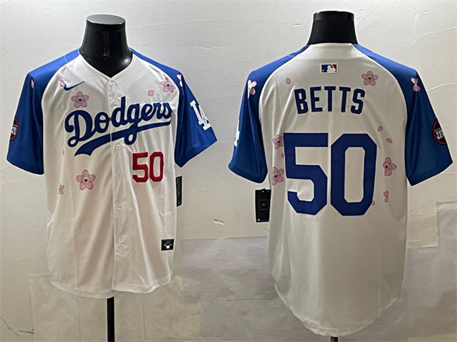 Men's Los Angeles Dodgers #50 Mookie Betts White Royal 2025 Tokyo Series Limited Stitched Baseball Jersey Men's Los Angeles Dodgers #50 Mookie Betts White Royal 2025 Tokyo Series Limited Stitched Baseball Jersey