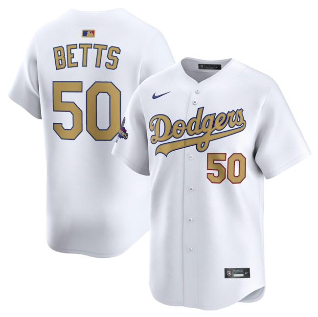 Men's Los Angeles Dodgers #50 Mookie Betts White 2025 Gold Collection Limited Stitched Baseball Jersey Men's Los Angeles Dodgers #50 Mookie Betts White 2025 Gold Collection Limited Stitched Baseball Jersey