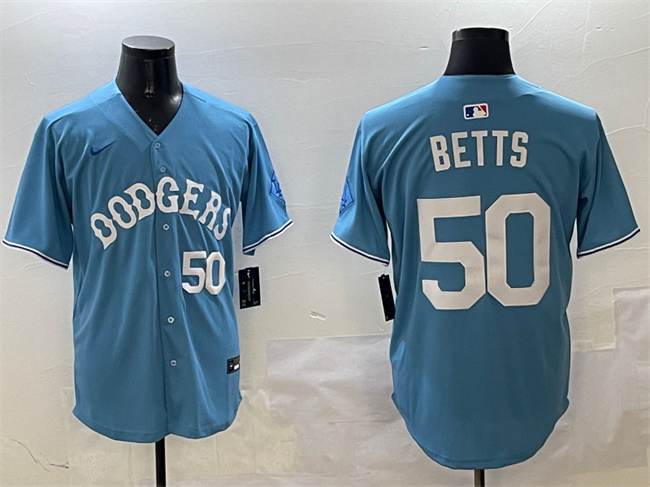 Men's Los Angeles Dodgers #50 Mookie Betts Light Blue Limited Stitched Baseball Jersey Men's Los Angeles Dodgers #50 Mookie Betts Light Blue Limited Stitched Baseball Jersey