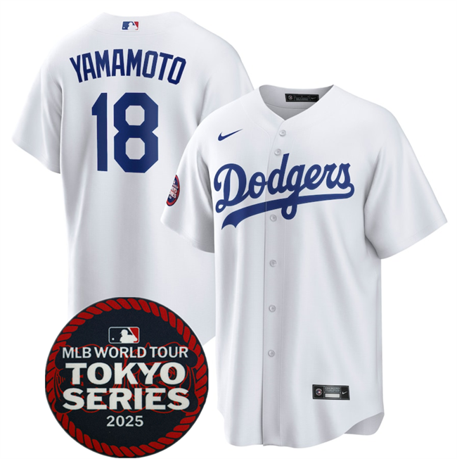 Men's Los Angeles Dodgers #18 Yoshinobu Yamamoto White 2025 World Tour Tokyo Series Home Stitched Baseball Jersey Men's Los Angeles Dodgers #18 Yoshinobu Yamamoto White 2025 World Tour Tokyo Series Home Stitched Baseball Jersey