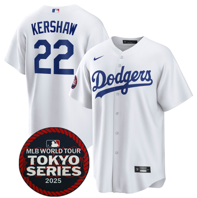 Men's Los Angeles Dodgers #22 Clayton Kershaw White 2025 World Tour Tokyo Series Home Stitched Baseball Jersey Men's Los Angeles Dodgers #22 Clayton Kershaw White 2025 World Tour Tokyo Series Home Stitched Baseball Jersey