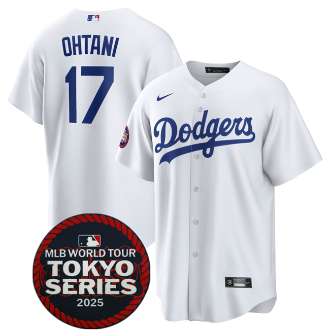 Men's Los Angeles Dodgers #17 Shohei Ohtani White 2025 World Tour Tokyo Series Home Stitched Baseball Jersey Men's Los Angeles Dodgers #17 Shohei Ohtani White 2025 World Tour Tokyo Series Home Stitched Baseball Jersey