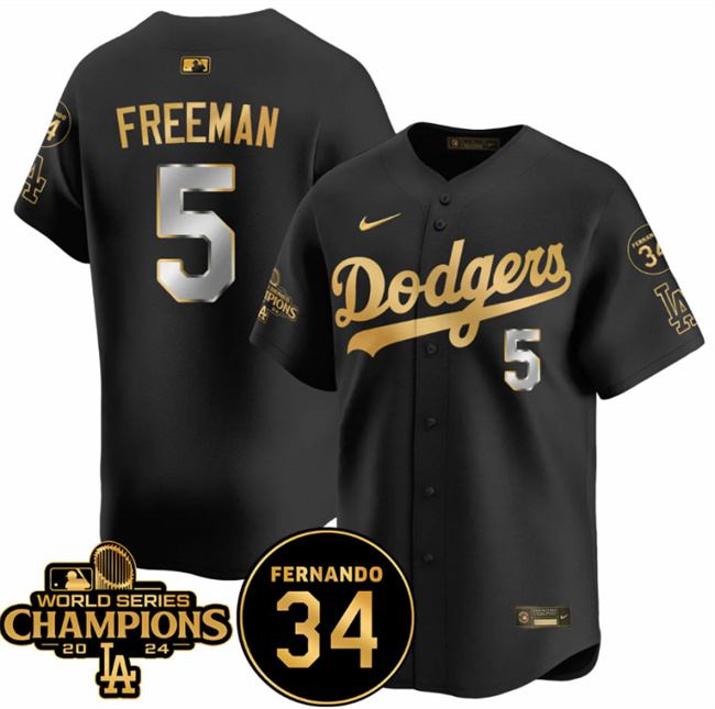 Men's Los Angeles Dodgers #5 Freddie Freeman Black Gold 2024 World Series Champions & Fernando Memorial Patch Vapor Premier Limited Stitched Baseball Jersey Men's Los Angeles Dodgers #5 Freddie Freeman Black Gold 2024 World Series Champions & Fernando Memorial Patch Vapor Premier Limited Stitched Baseball Jersey